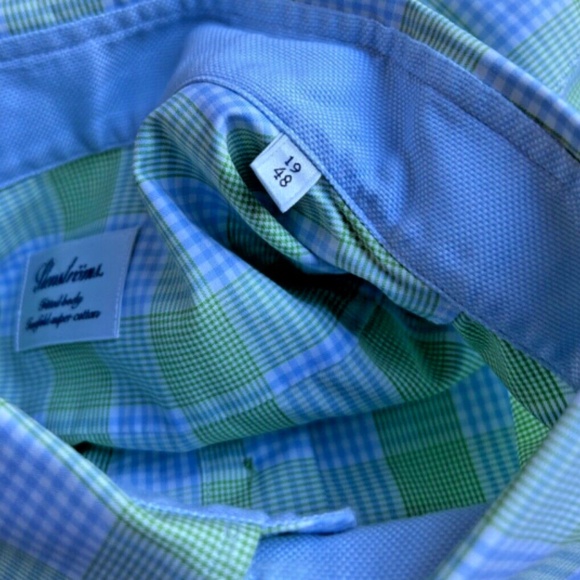 Stenstroms fitted body green & blue checkered 2 fold cotton shirt Sz 19/ 48 - Picture 6 of 10